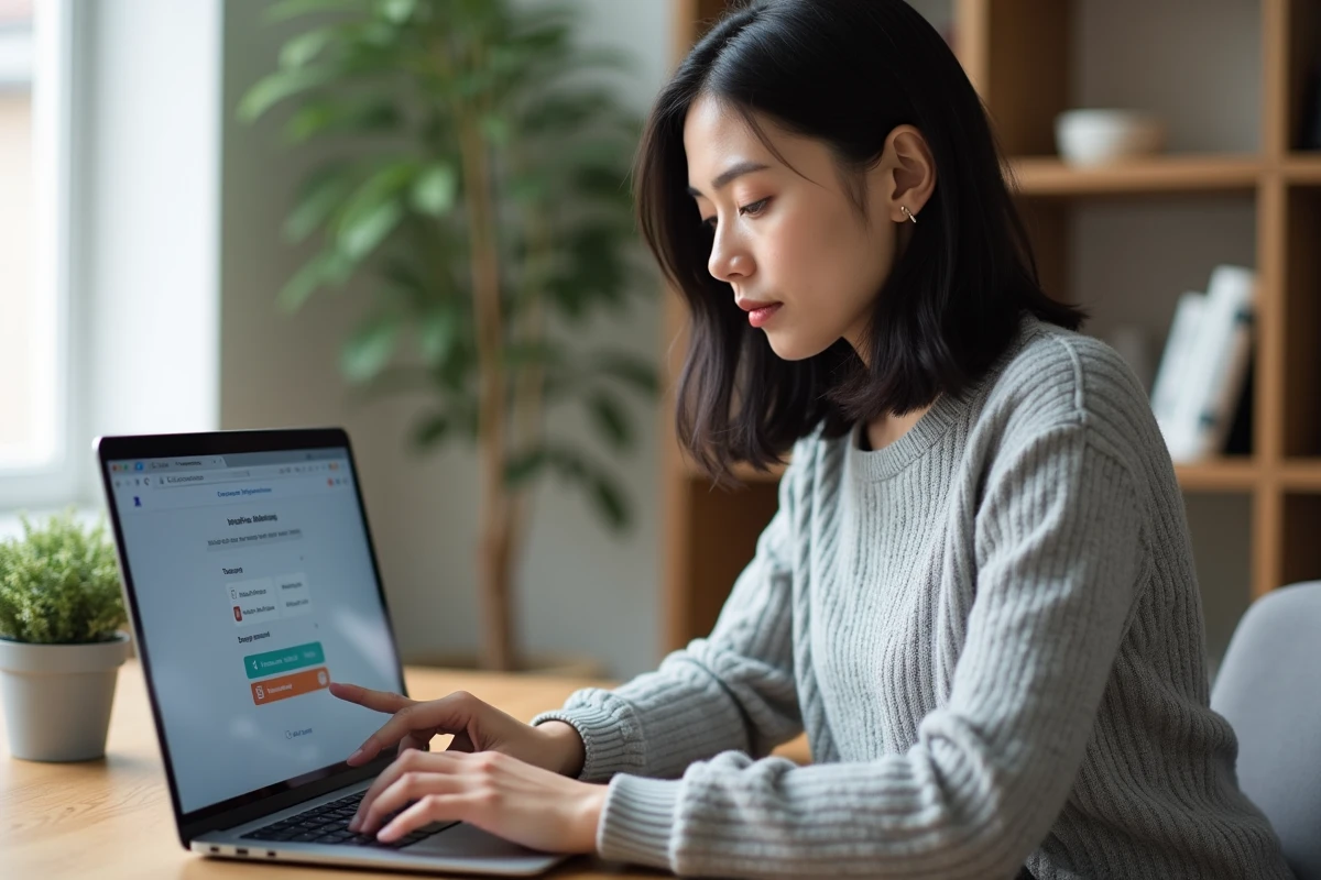 Femme configurant les paramètres de confidentialité Google Mon Activité sur un ordinateur portable dans un bureau à domicile moderne