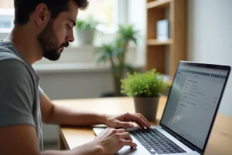 Homme utilisant un clavier QWERTY sur un MacBook Pro et configurant les réglages du système macOS dans un bureau minimaliste