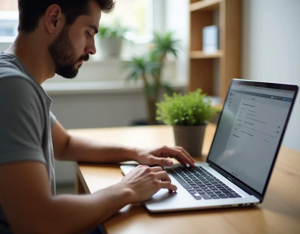Homme utilisant un clavier QWERTY sur un MacBook Pro et configurant les réglages du système macOS dans un bureau minimaliste