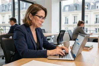Femme professionnelle configurant les réglages de sa messagerie Webmel Nancy sur un ordinateur portable dans un bureau moderne