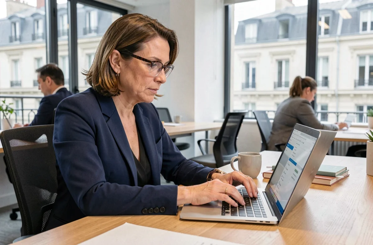Femme professionnelle configurant les réglages de sa messagerie Webmel Nancy sur un ordinateur portable dans un bureau moderne