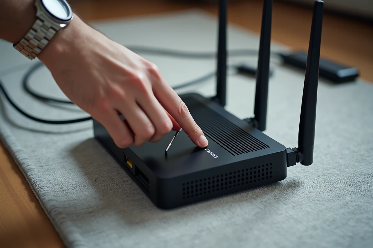 Gros plan sur une main réinitialisant un routeur noir en appuyant sur le bouton reset, câbles ethernet visibles autour dans un contexte de dépannage réseau domestique