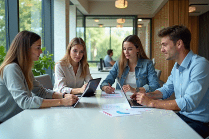 Quatre professionnels en réunion dans un bureau moderne