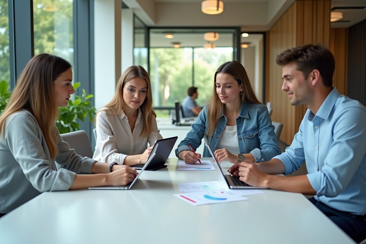 Quatre professionnels en réunion dans un bureau moderne