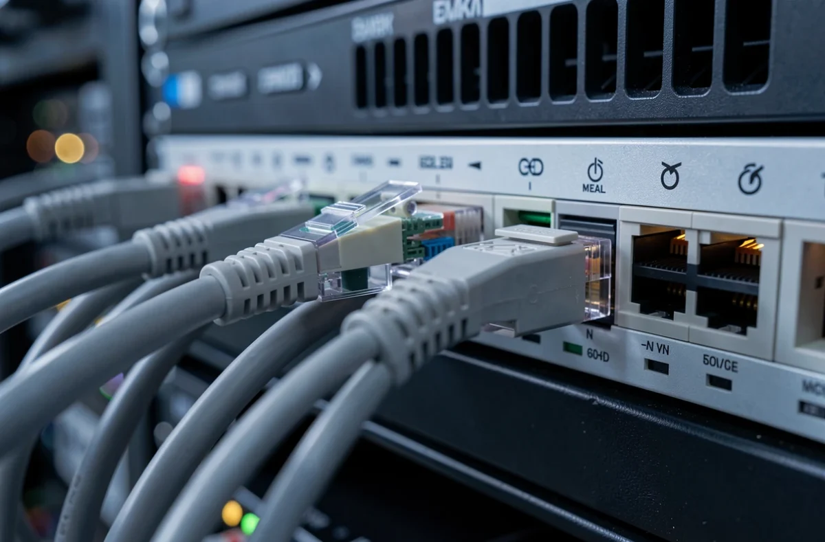 Routeur réseau avec câbles Ethernet branchés dans une baie informatique