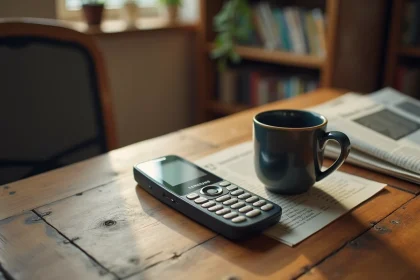 Samsung E250 téléphone à clapet posé sur un bureau en bois avec une tasse de café, vue de dessus style éditorial