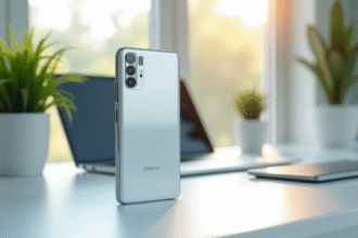 Smartphones Samsung 2025 sur bureau blanc lumineux
