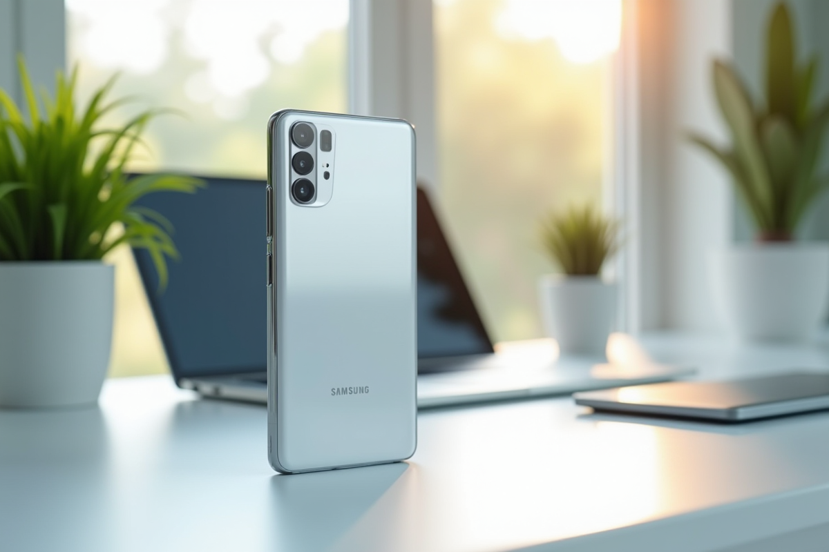 Smartphones Samsung 2025 sur bureau blanc lumineux