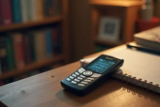 Téléphone Sony Ericsson GSM vintage posé sur un bureau en bois avec bloc-notes, écran affichant une interface SMS classique