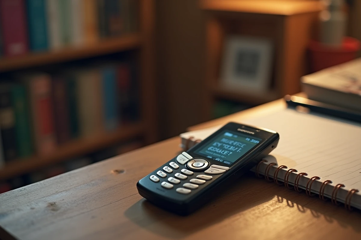 Téléphone Sony Ericsson GSM vintage posé sur un bureau en bois avec bloc-notes, écran affichant une interface SMS classique