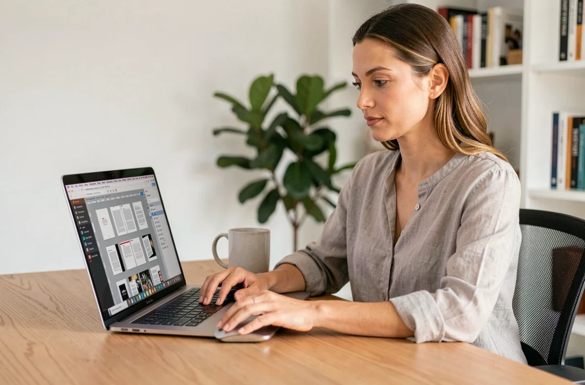 Femme utilisant un outil en ligne pour supprimer des pages d'un PDF sur son ordinateur portable dans un bureau à domicile