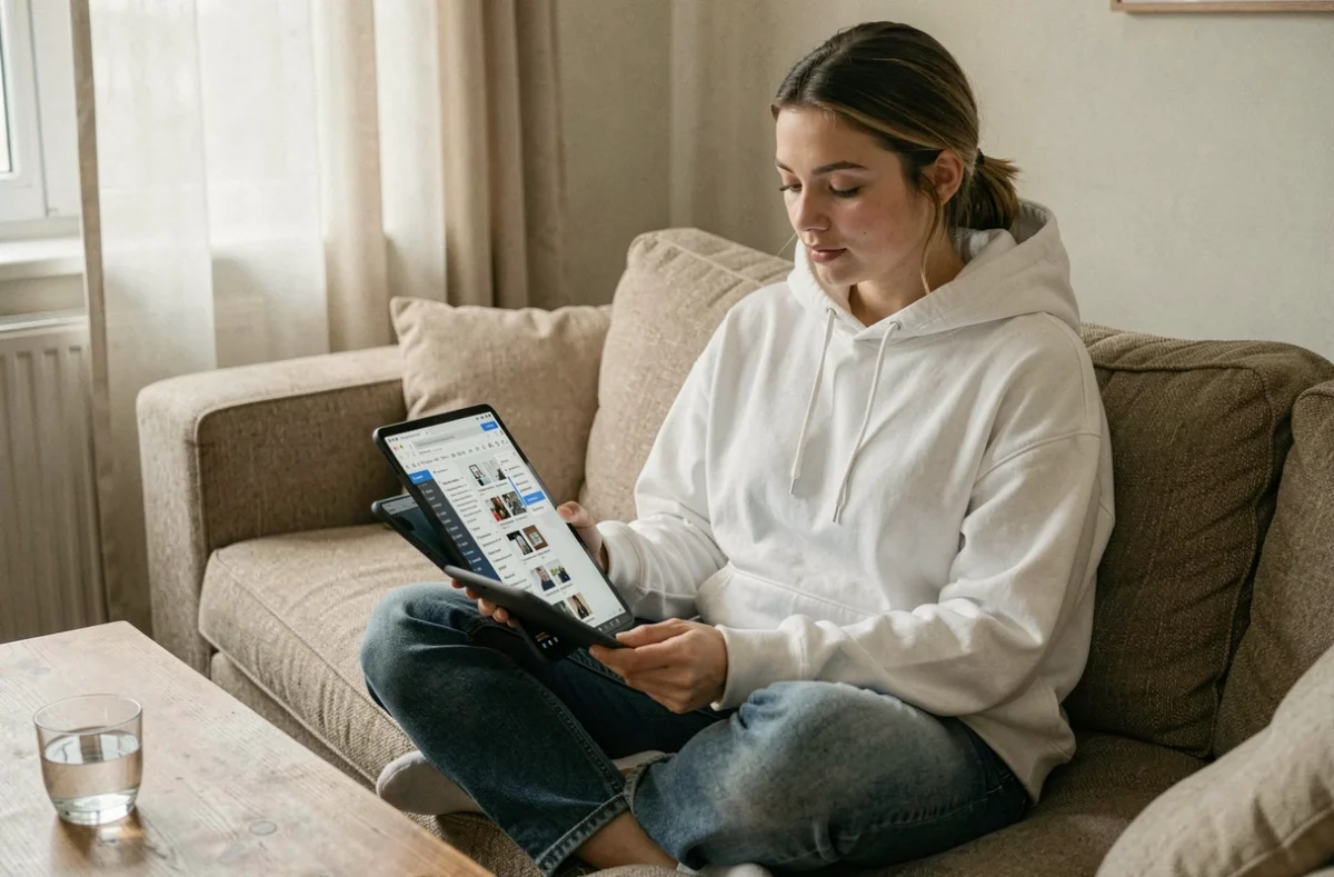 Jeune femme utilisant une tablette pour supprimer gratuitement des pages d'un PDF via un outil en ligne depuis son salon