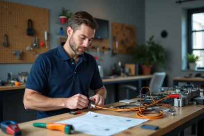 Technicien câblant un connecteur RJ45 sur un câble réseau Cat5e avec un outil à sertir professionnel