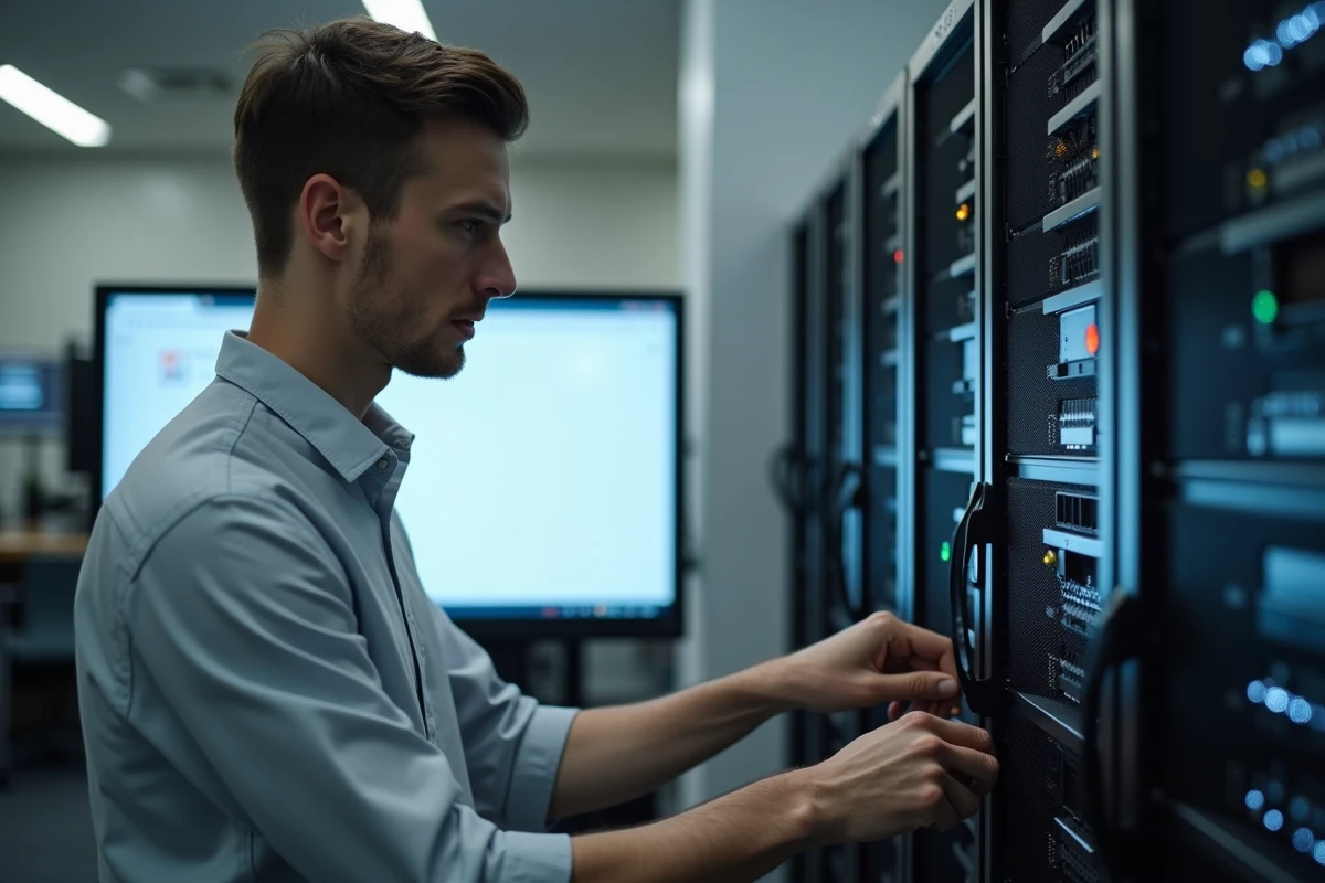 Jeune technicien informatique vérifiant des câbles réseau dans un bureau
