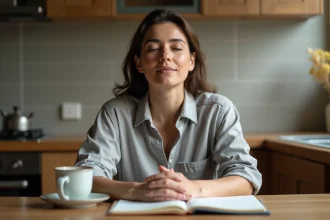 Femme pratiquant une technique de recentrage mental dans sa cuisine, illustration concrète d'un usage quotidien