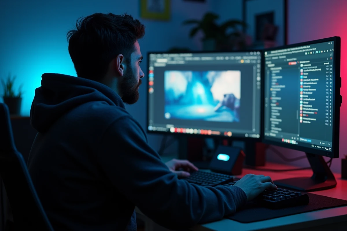 Homme téléchargeant des vidéos en ligne sur un ordinateur de bureau avec double écran dans un bureau moderne