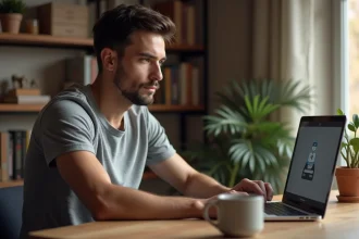 Jeune homme téléchargeant une vidéo en ligne depuis son ordinateur portable sur un bureau en bois