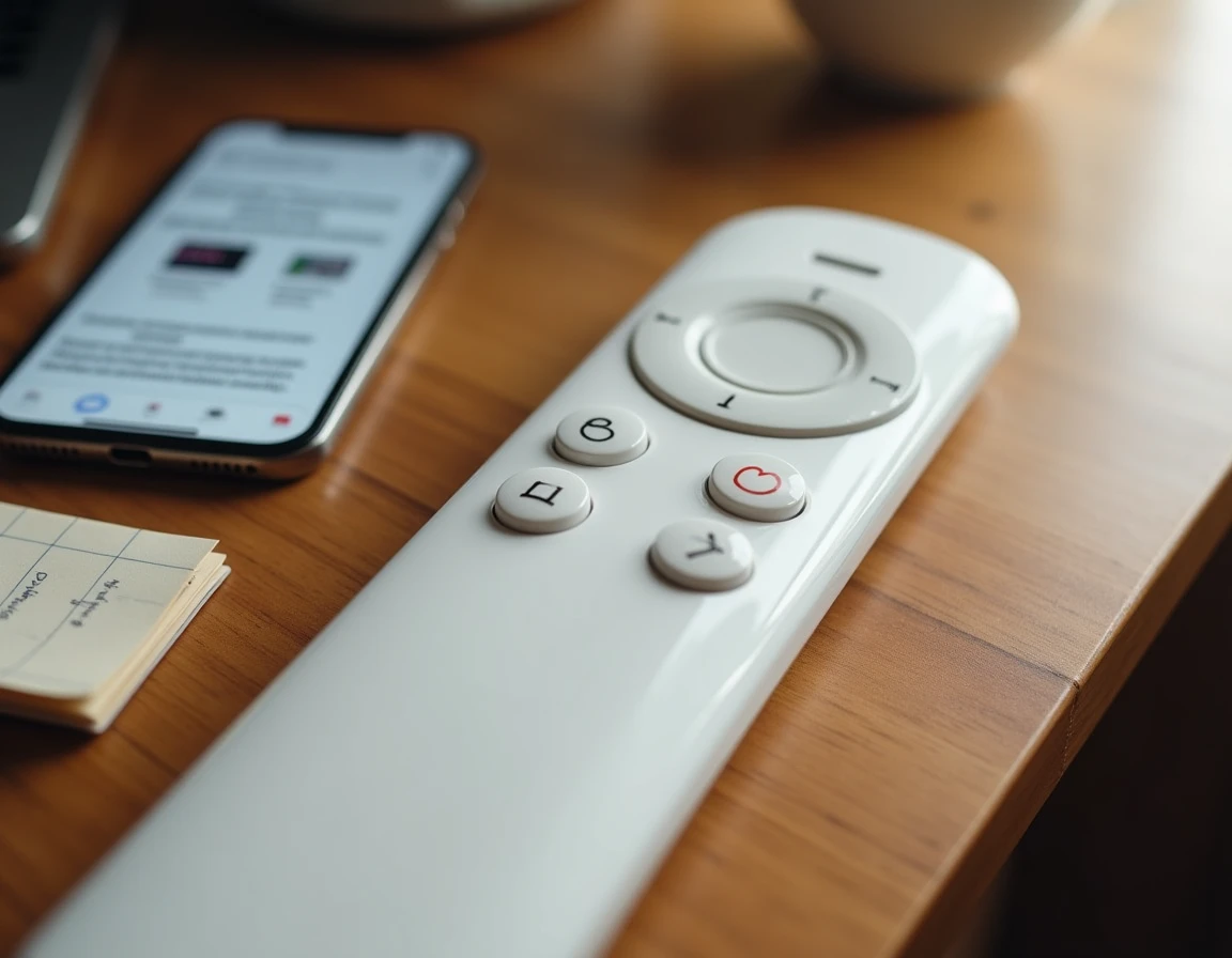 Gros plan de la télécommande Free démontée avec batteries et smartphone affichant des solutions de dépannage sur une table en bois