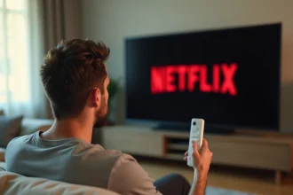 Homme tenant une télécommande Free pointée vers un téléviseur affichant Netflix, expression frustrée dans un salon moderne