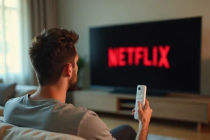 Homme tenant une télécommande Free pointée vers un téléviseur affichant Netflix, expression frustrée dans un salon moderne
