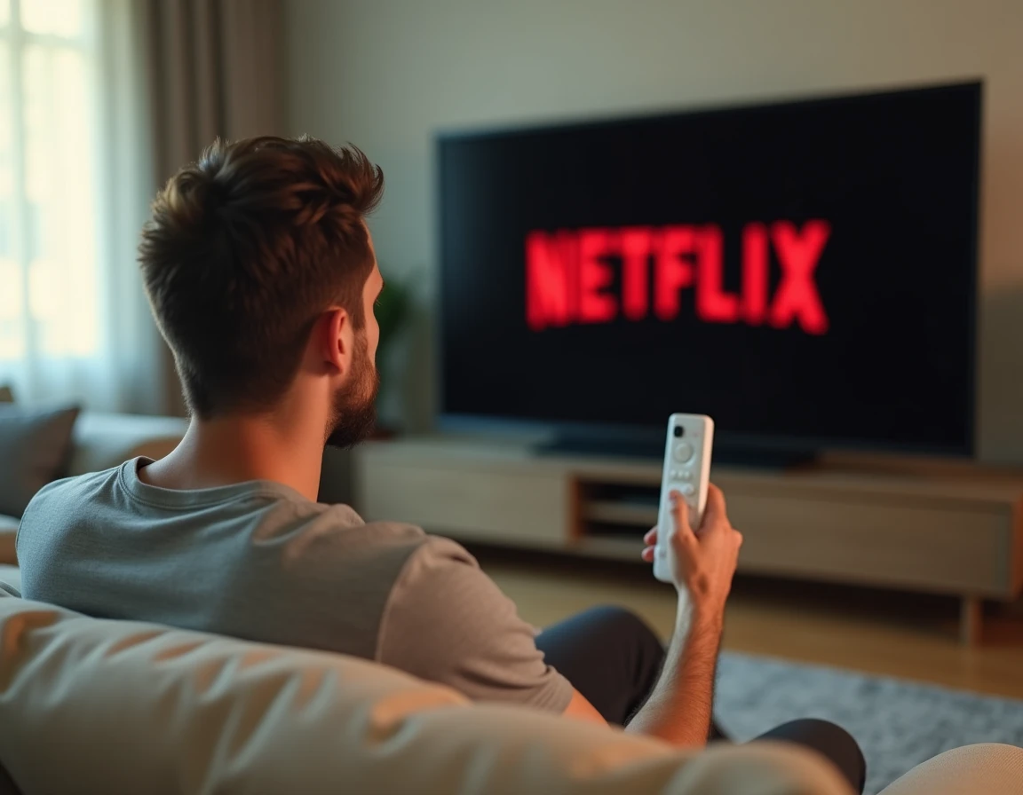 Homme tenant une télécommande Free pointée vers un téléviseur affichant Netflix, expression frustrée dans un salon moderne