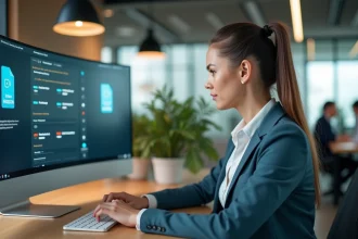 Femme professionnelle utilisant un outil de transfert de fichiers en ligne sur un ordinateur de bureau dans un open space moderne