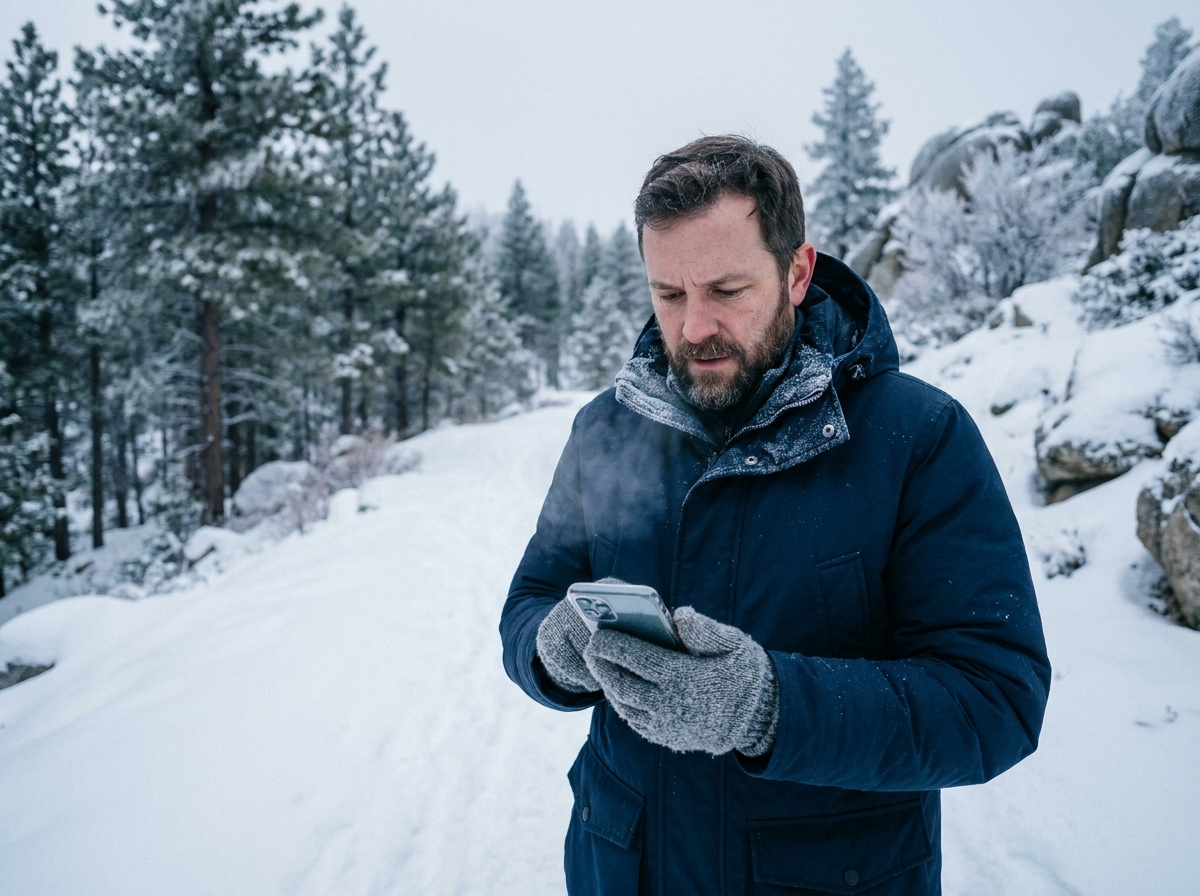 Homme utilisant un smartphone tactile avec des gants par temps froid en montagne enneigée