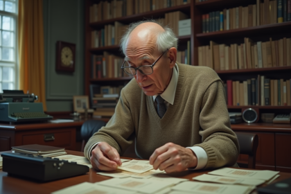 Homme agee informaticien examine cartes perforées dans un bureau ancien