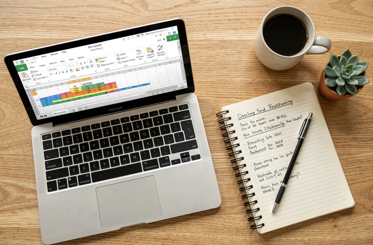 Vue de dessus d'un bureau avec un laptop ouvert sur Excel montrant un tableau avec colonnes et lignes inversées et un carnet de notes
