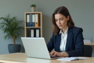 Femme administratrice utilisant le webmail du rectorat de Montpellier sur un ordinateur portable dans un bureau universitaire