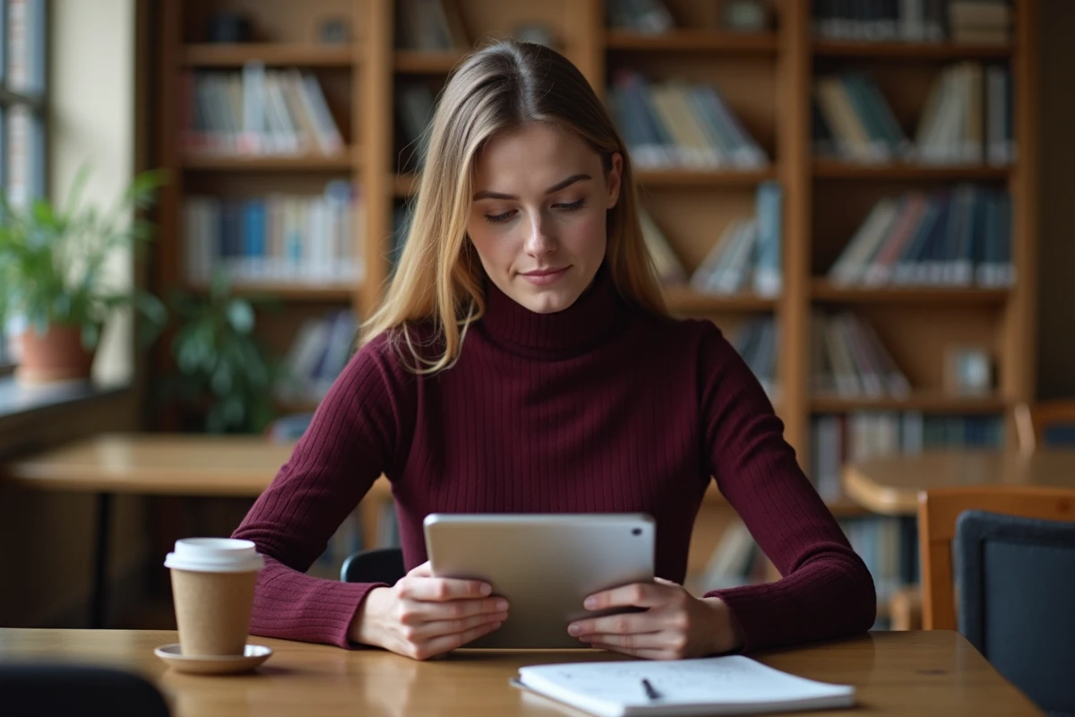 Jeune enseignante accédant au webmail du rectorat de Montpellier sur une tablette dans une salle de lecture universitaire