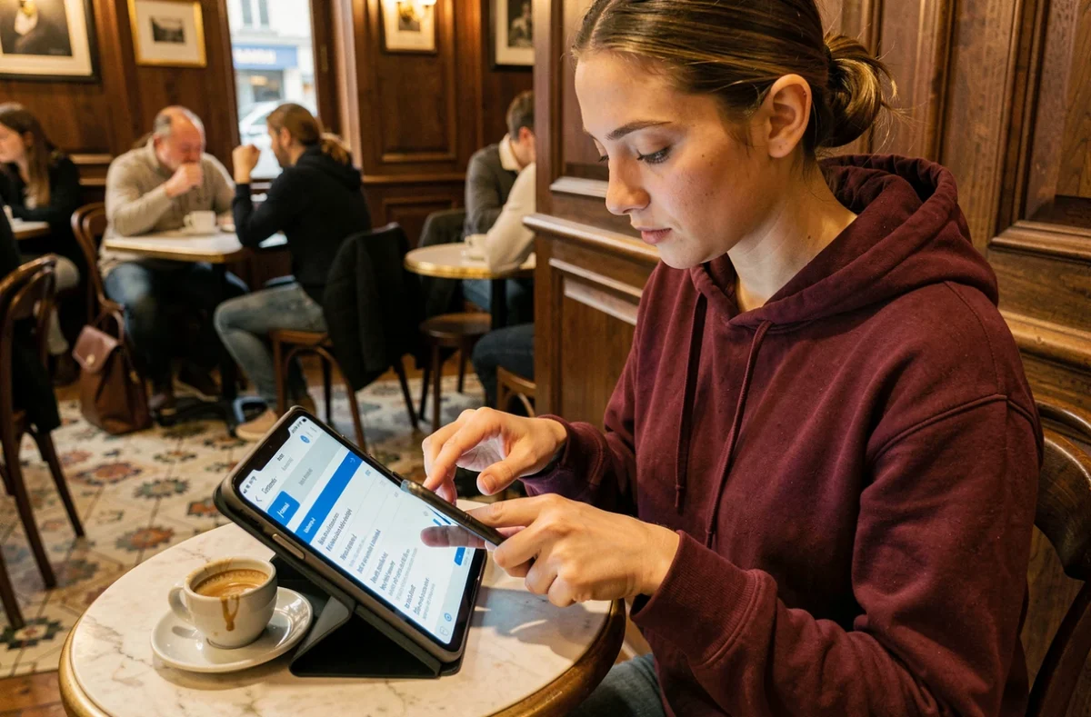 Étudiante configurant les notifications de messagerie Webmel Nancy sur tablette et smartphone dans un café